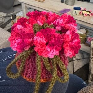 Handcrafted Pink and Green Crochet Flower Pot